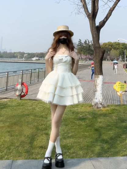 法式蝴蝶結小飛袖公主澎澎短裙