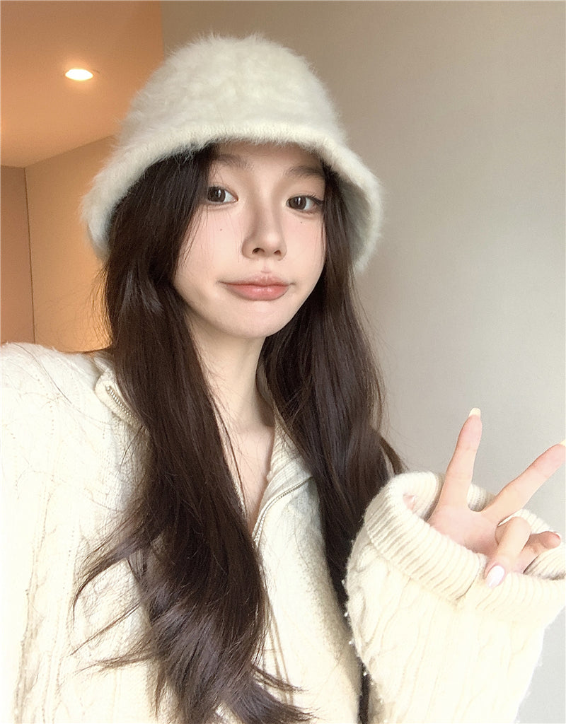 日系百搭可愛仿兔毛漁夫帽子