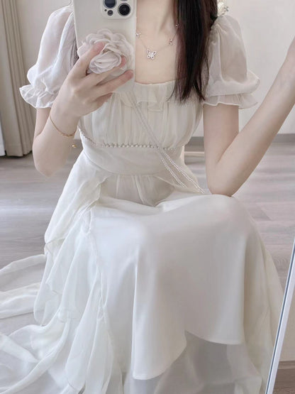 法式方領甜美溫柔連衣裙