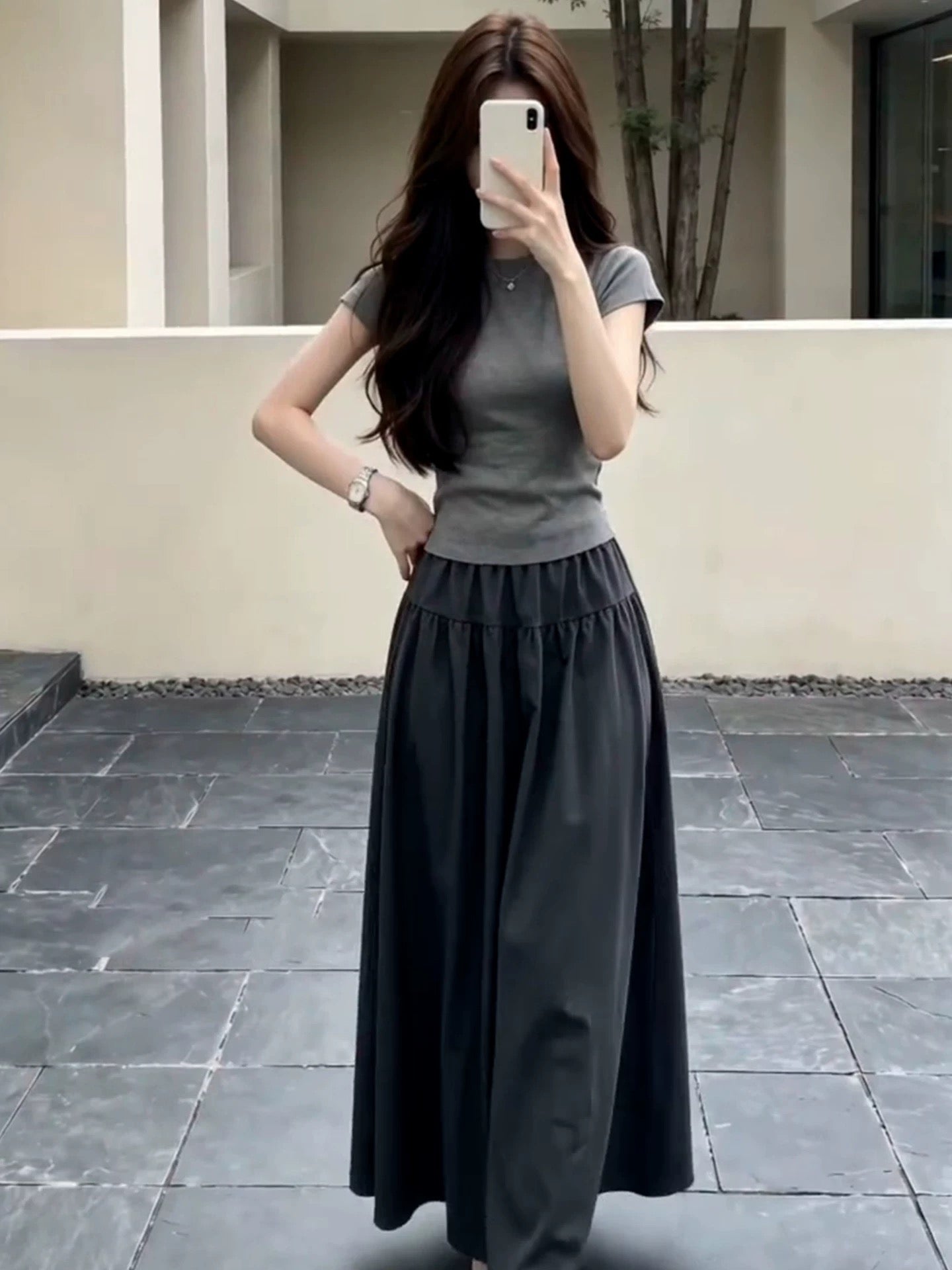 韓系溫柔一整套灰色小個子連衣裙