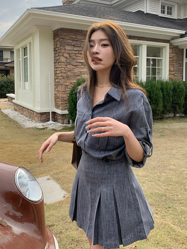 夏季紡牛仔襯衫上衣配百褶裙兩件套