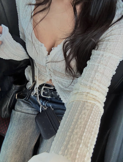 甜美&性感V領蕾絲開衫上衣