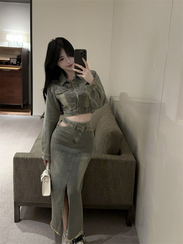 美式復古辣妹高腰開衩牛仔裙套裝