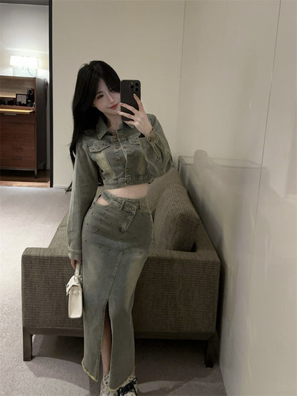 美式復古辣妹高腰開衩牛仔裙套裝