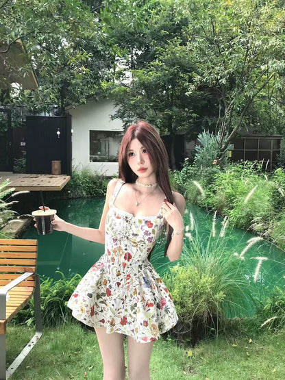 純御法式吊帶碎花連衣裙