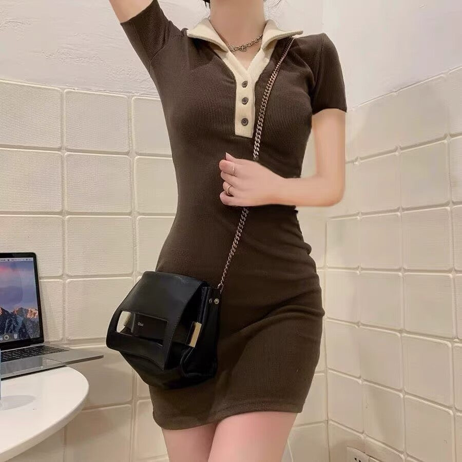 撞色顯瘦POLO領包臀連身短裙