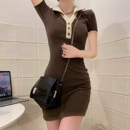 撞色顯瘦POLO領包臀連身短裙