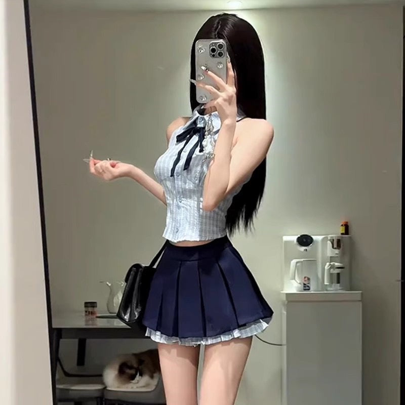 學院風無袖百褶裙套裝