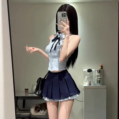 學院風無袖百褶裙套裝