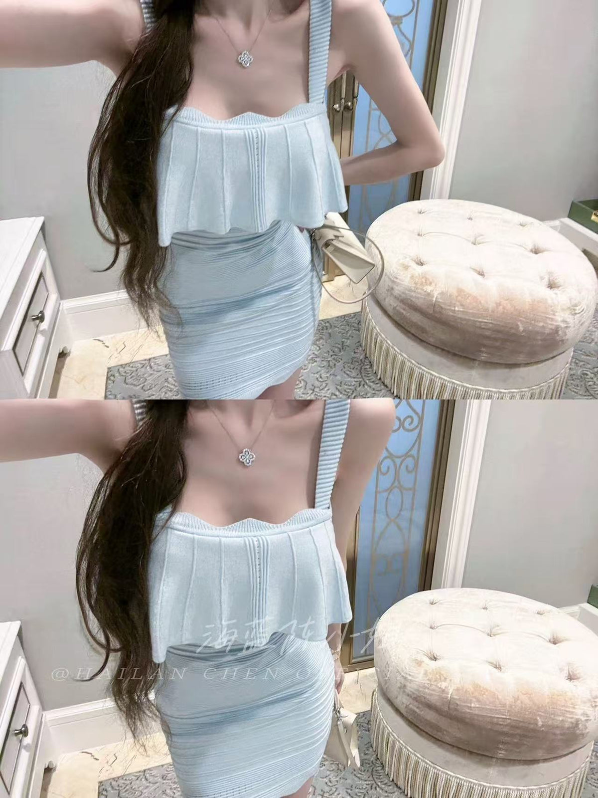 💕現貨秒出🍓溫柔玻璃藍荷葉邊彈力修身包臀短裙