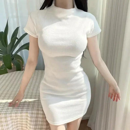 韓系春季微透修身高領短袖包臀短裙