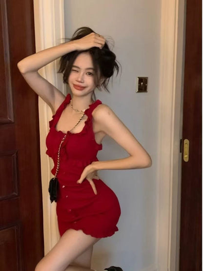 辣妹木耳邊針織吊帶連身裙