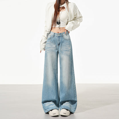 美式淺藍摺痕闊腿牛仔褲👖