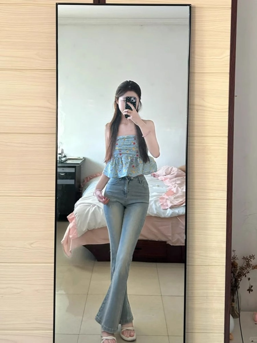 高腰微喇叭窄版小個子牛仔褲
