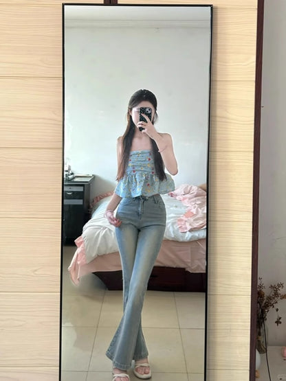 高腰微喇叭窄版小個子牛仔褲