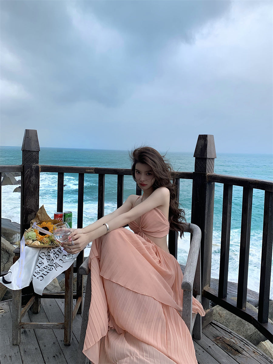 露背氣質海灘度假性感長裙