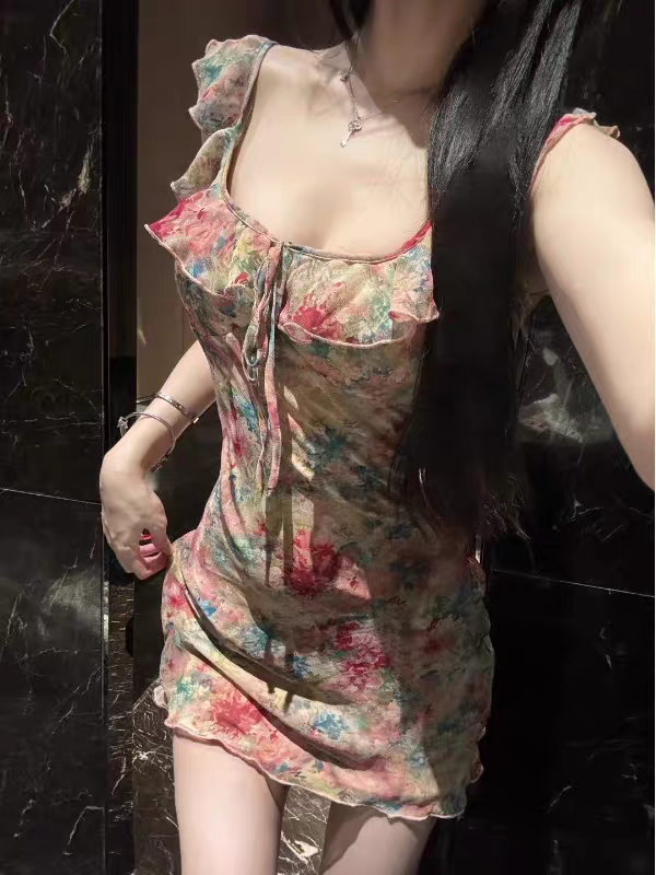 法式碎花吊帶連衣短裙