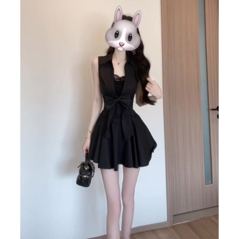 御姐赫本風黑色POLO無袖澎澎裙組