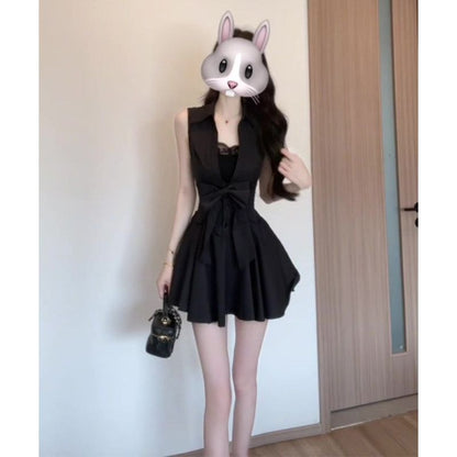 御姐赫本風黑色POLO無袖澎澎裙組