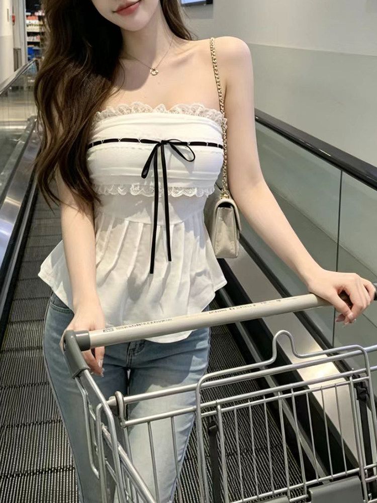 💕現貨秒出🍓蕾絲拼接皺摺收腰顯瘦抹胸背心上衣