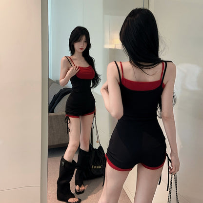 辣妹假兩件吊帶連體瑜珈運動短褲