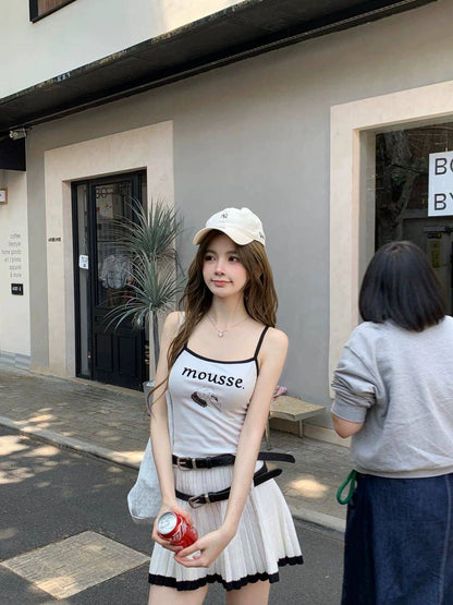 📞🐈可愛拿著話筒的貓咪撞色吊帶背心