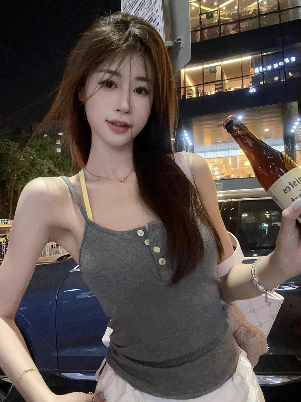 灰色撞色吊帶帶胸墊背心上衣