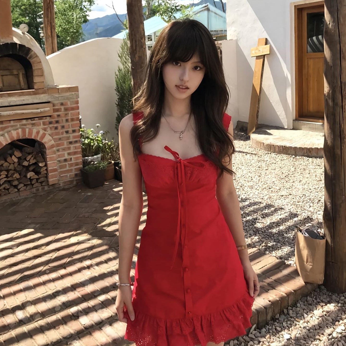 度假性感紅色吊帶連衣短裙