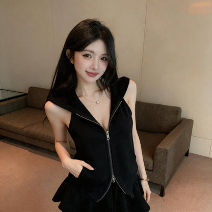 歐美酷辣連帽露肩無袖上衣