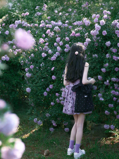 紫色碎花流蘇掛脖子吊帶連身裙(有大尺碼)
