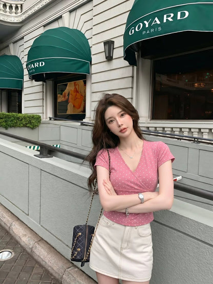 💕現貨秒出🍓夏季波點修身短款露腰上衣
