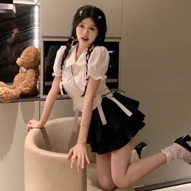 韓系蝴蝶結綁帶收腰蛋糕裙兩件套