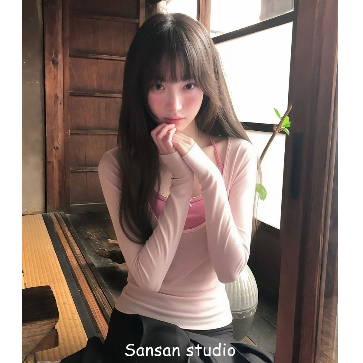 💕現貨秒出🍓鬆弛感微透罩衫+粉色吊帶上衣
