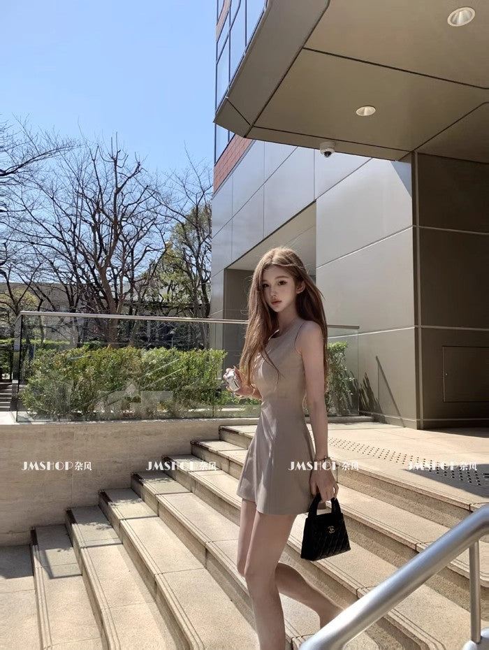 韓系高級無袖收腰素色小洋裝