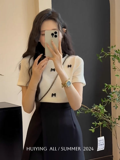 💕現貨秒出🍓法式小香風蝴蝶結冰絲短袖上衣