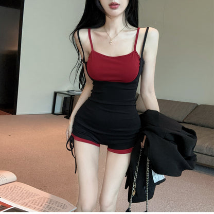 辣妹假兩件吊帶連體瑜珈運動短褲