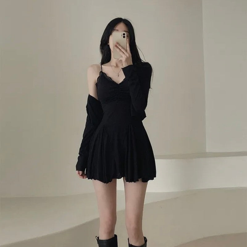 韓系chic蕾絲吊帶短裙配小外套兩件套