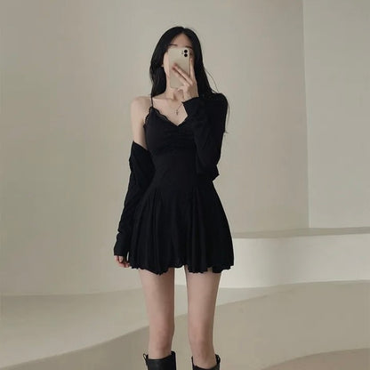 韓系chic蕾絲吊帶短裙配小外套兩件套
