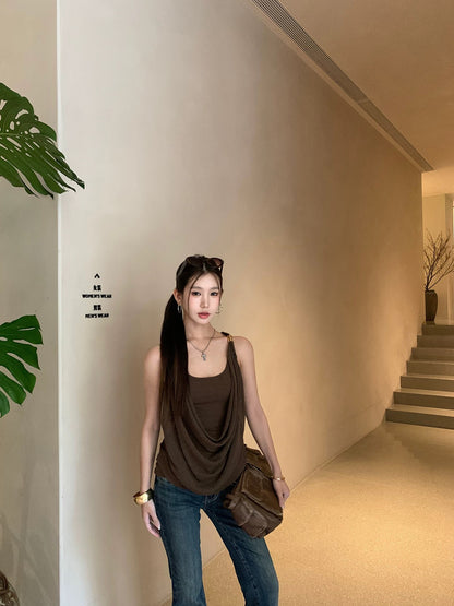 時尚咖啡吊帶無袖背心上衣