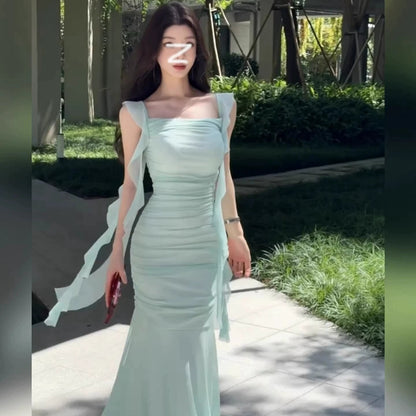 優雅飄帶低胸吊帶魚尾裙(有大尺碼)