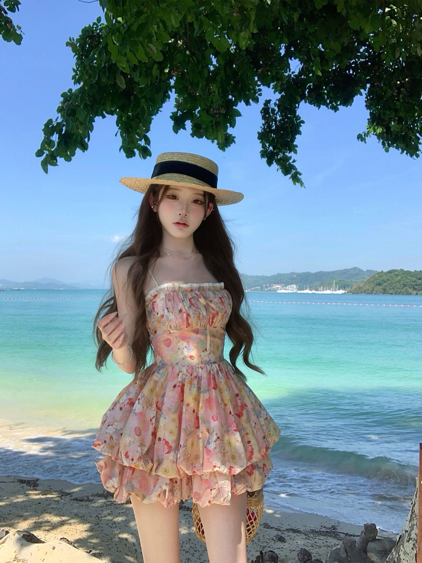ins風氛圍感度假吊帶花苞澎澎裙連衣裙