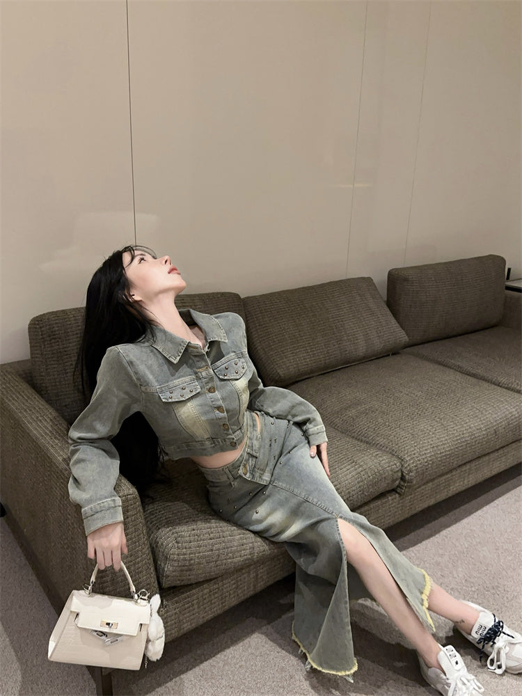 美式復古辣妹高腰開衩牛仔裙套裝