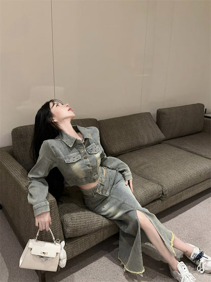 美式復古辣妹高腰開衩牛仔裙套裝