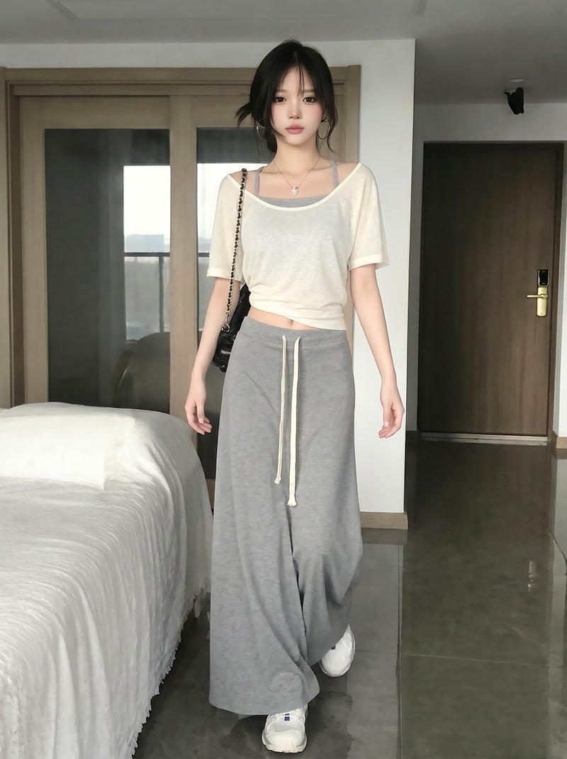 夏日短款兩件套純色上衣組(背心+薄衫)