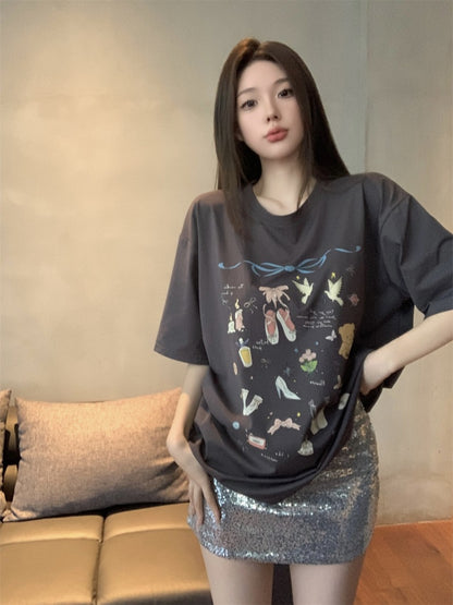 可愛休閒百搭印花寬鬆上衣