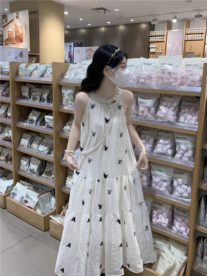 💕現貨秒出🍓氣質無袖掛脖刺繡蝴蝶連衣長裙