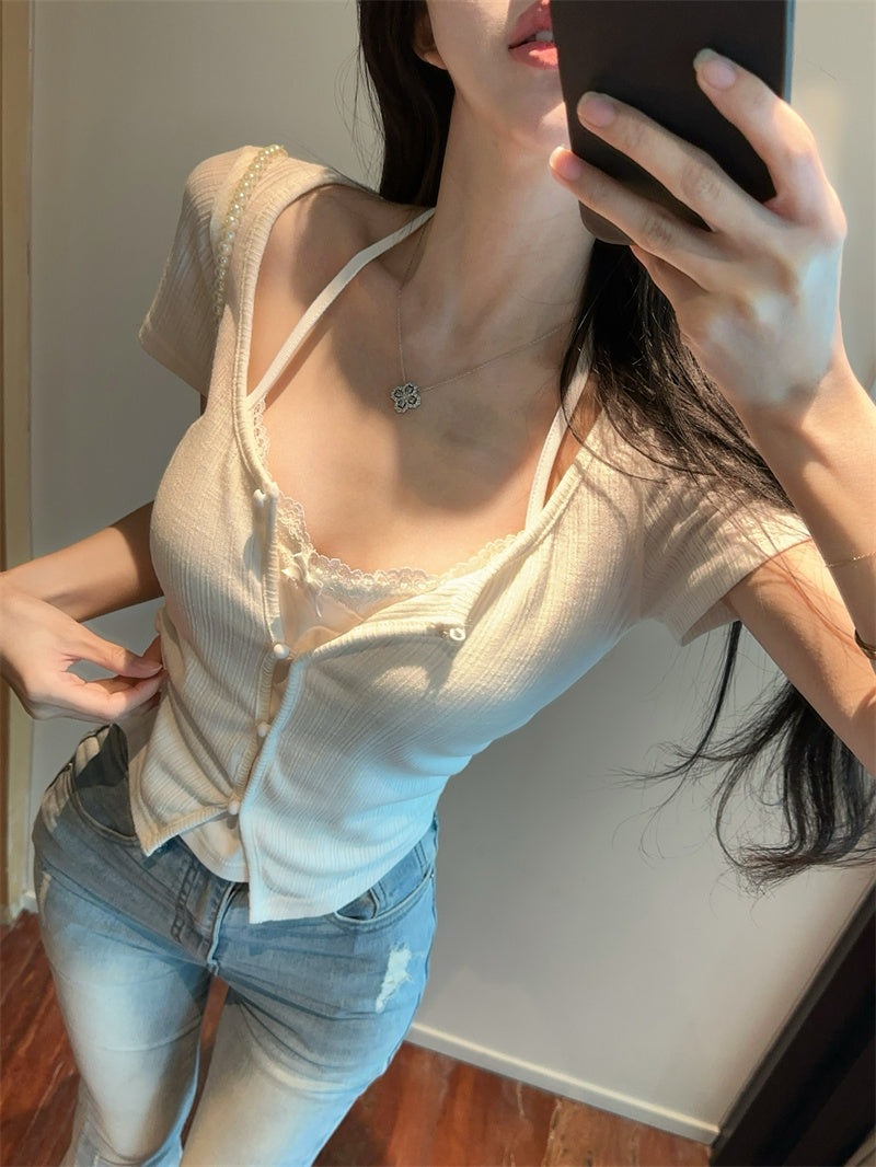 美式假兩件蕾絲掛脖顯瘦短袖上衣
