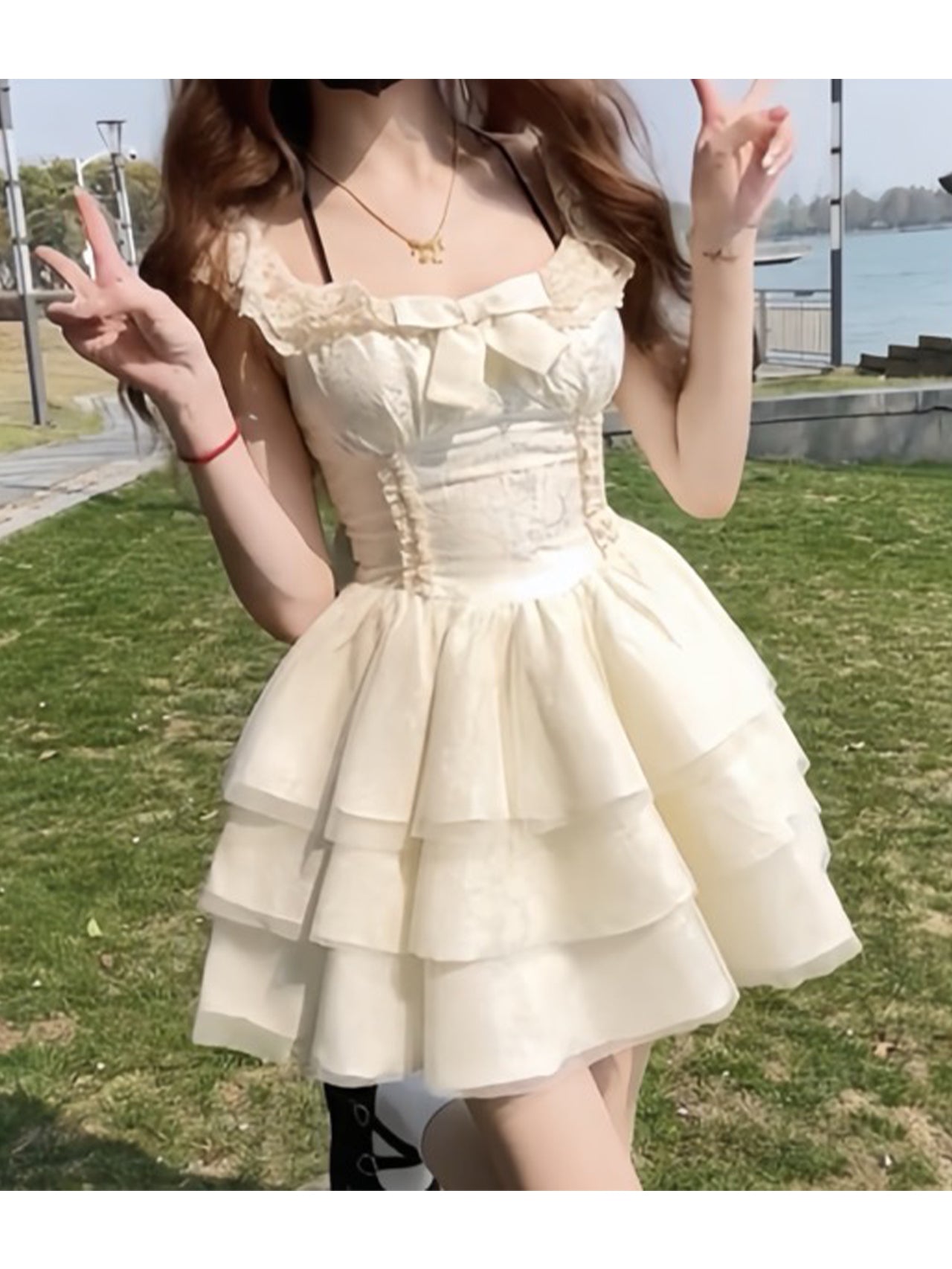 法式蝴蝶結小飛袖公主澎澎短裙