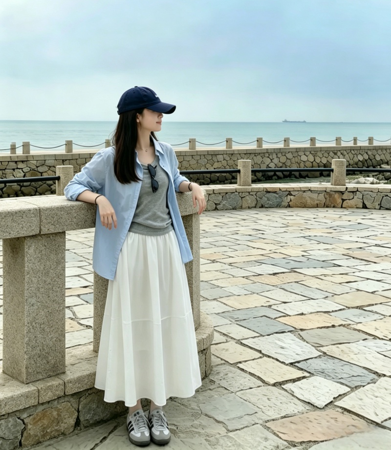 休閒藍色長袖寬鬆半身裙三件套