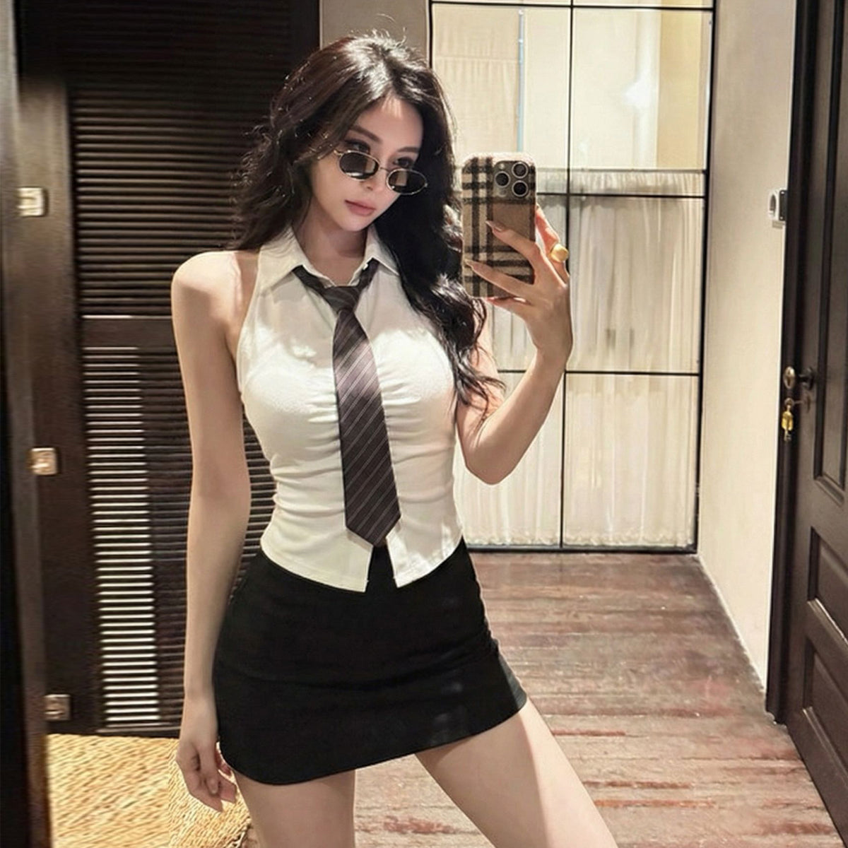 POLO領帶無袖皺褶露臍上衣